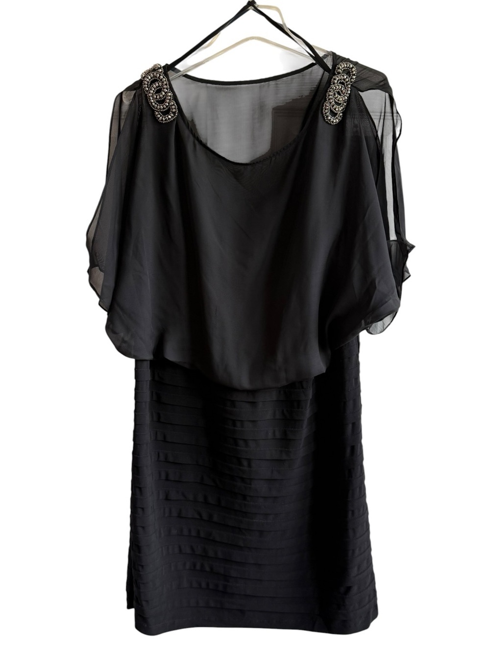 Elegant Black Bling cold Shoulder Dress stretchy straight skirt  chiffon overlay